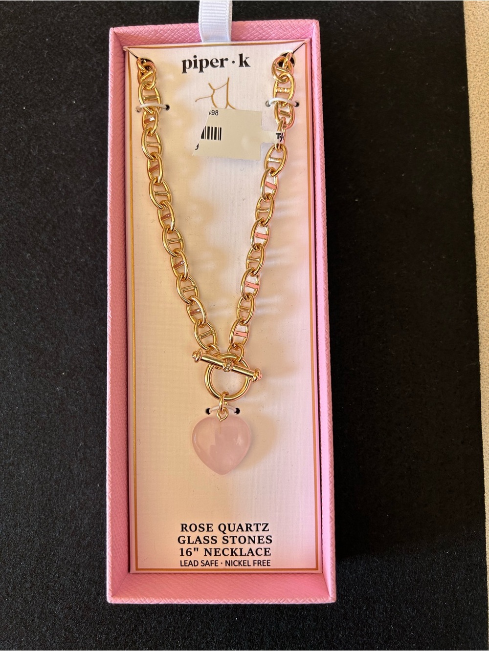 Piper-K Gold Tone Link Necklace with 💗Rose Quartz Heart (NWT)